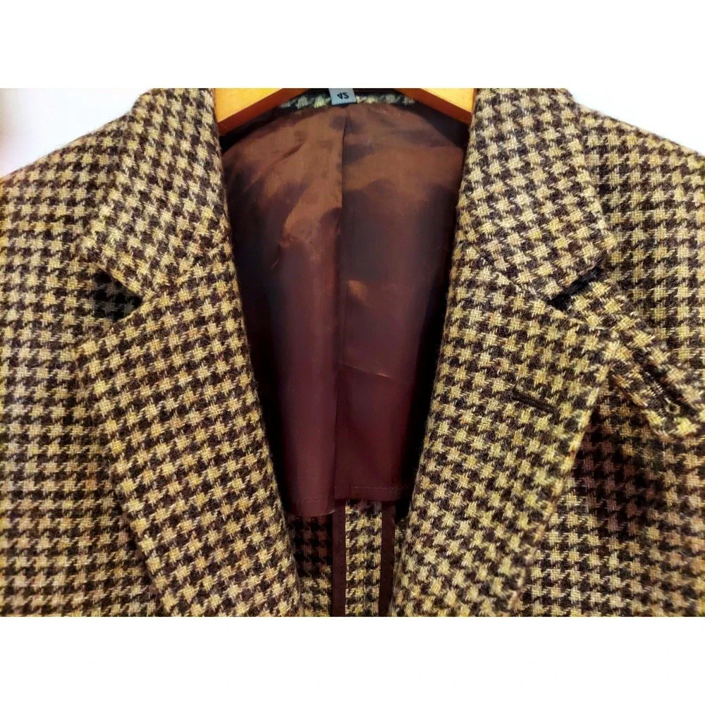 Moon British Cloth Mens Vintage Houndstooth Tweed Wool Blazer Elbow Patches 42